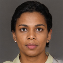 Neutral black young-adult female with short  black hair and brown eyes