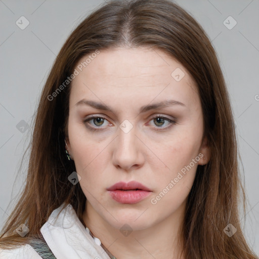 Neutral white young-adult female with long  brown hair and brown eyes