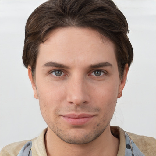 Neutral white young-adult male with short  brown hair and brown eyes