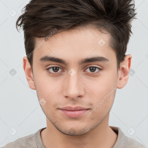 Neutral white young-adult male with short  brown hair and brown eyes