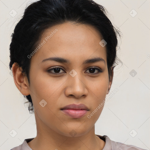 Neutral latino young-adult female with short  brown hair and brown eyes