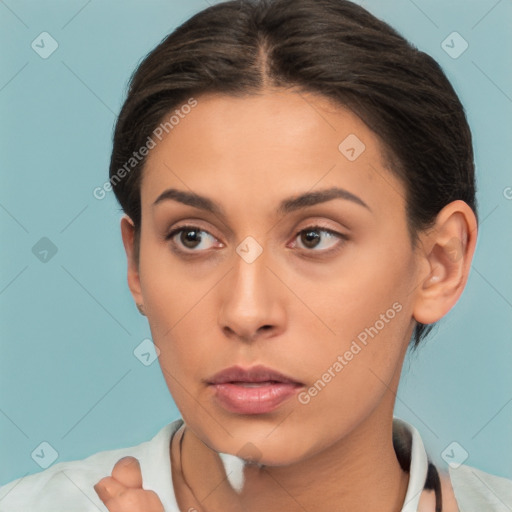 Neutral white young-adult female with short  brown hair and brown eyes