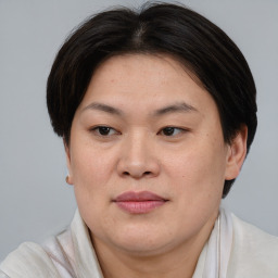 Joyful asian adult female with short  brown hair and brown eyes