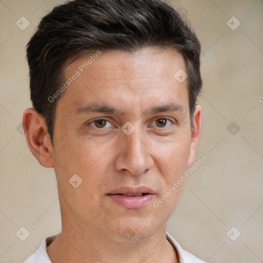 Neutral white adult male with short  brown hair and brown eyes