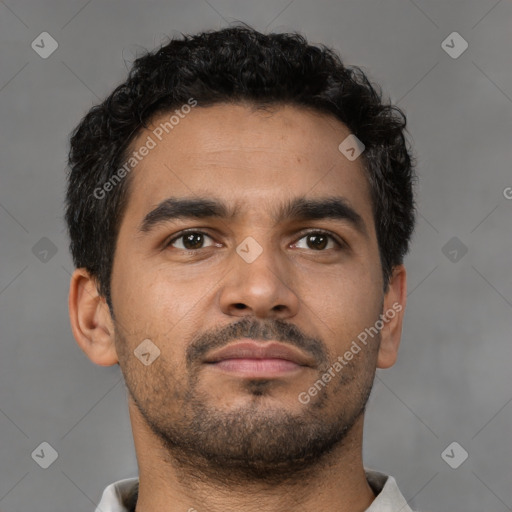 Neutral latino young-adult male with short  brown hair and brown eyes