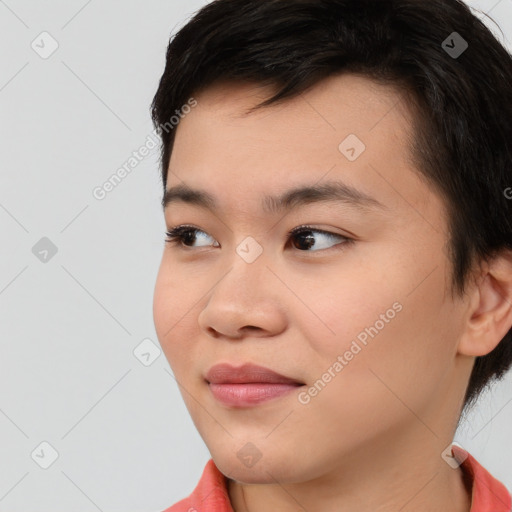 Joyful white young-adult female with medium  brown hair and brown eyes