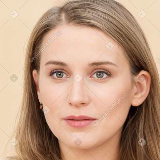 Neutral white young-adult female with long  brown hair and blue eyes