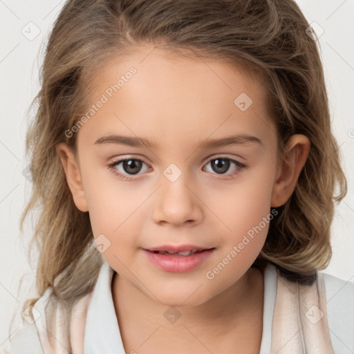 Joyful white child female with medium  brown hair and brown eyes