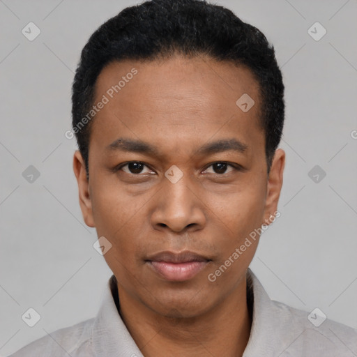 Neutral black young-adult male with short  black hair and brown eyes