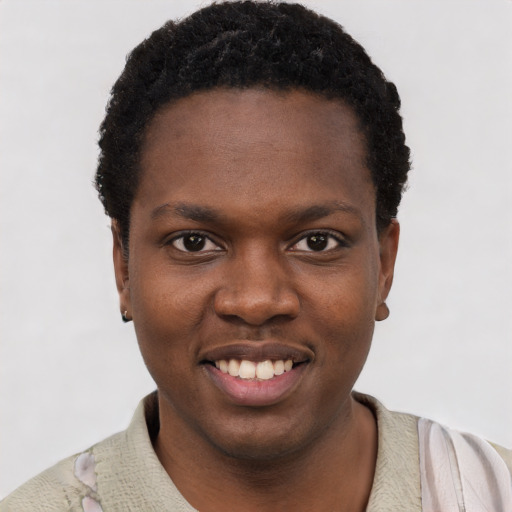 Joyful black young-adult female with short  black hair and brown eyes
