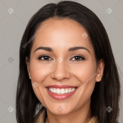 Joyful white young-adult female with long  brown hair and brown eyes