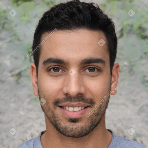 Joyful white young-adult male with short  black hair and brown eyes