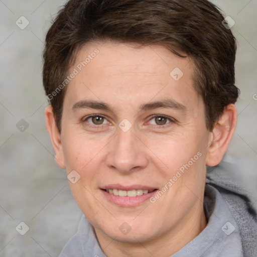 Joyful white adult female with short  brown hair and brown eyes