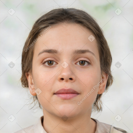 Neutral white young-adult female with medium  brown hair and brown eyes