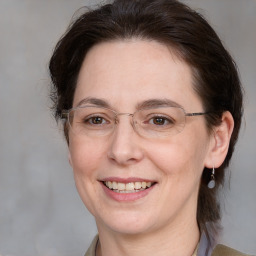 Joyful white adult female with medium  brown hair and brown eyes