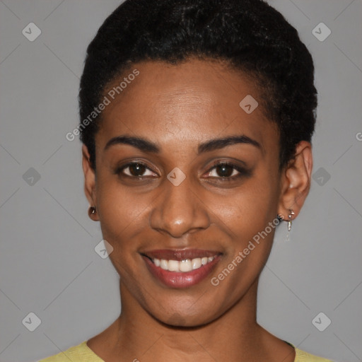 Joyful latino young-adult female with short  black hair and brown eyes