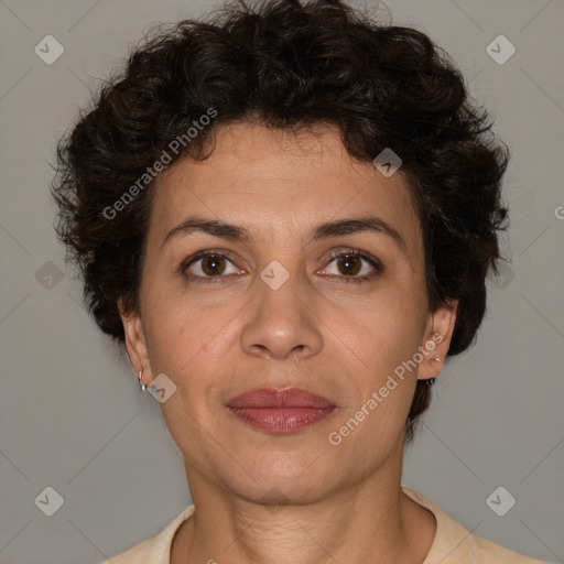 Joyful white adult female with short  brown hair and brown eyes