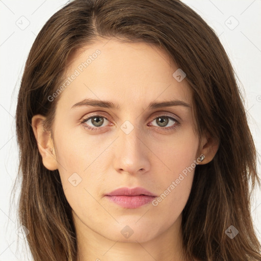 Neutral white young-adult female with long  brown hair and brown eyes