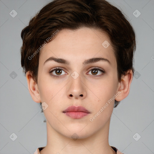 Neutral white young-adult female with short  brown hair and brown eyes