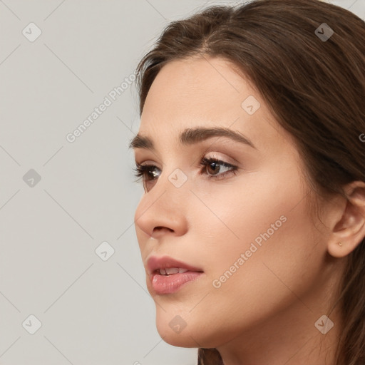 Neutral white young-adult female with long  brown hair and grey eyes