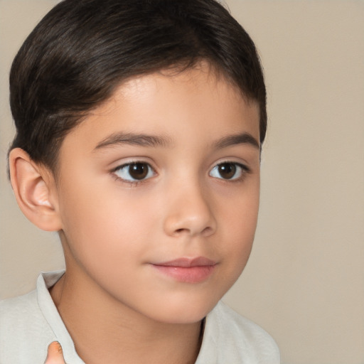 Joyful white child female with short  brown hair and brown eyes