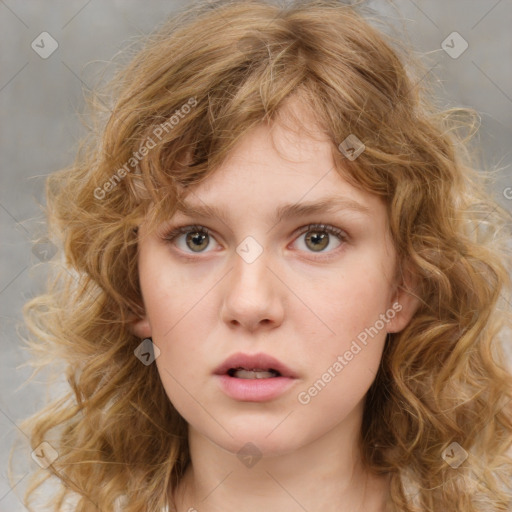 Neutral white young-adult female with medium  brown hair and grey eyes