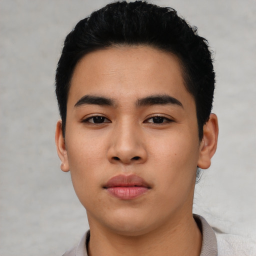 Neutral asian young-adult male with short  black hair and brown eyes