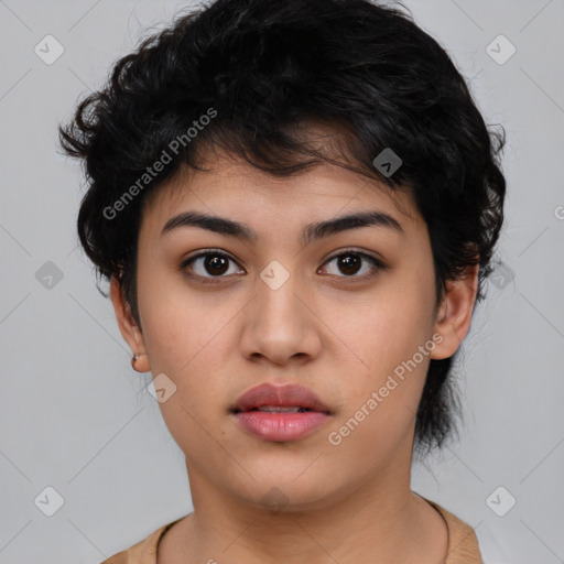 Neutral latino young-adult female with medium  black hair and brown eyes