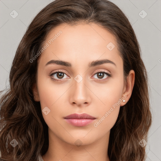 Neutral white young-adult female with long  brown hair and brown eyes