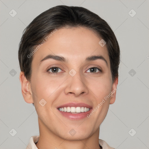 Joyful white young-adult female with short  brown hair and brown eyes