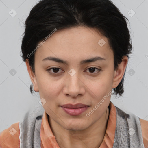 Joyful asian young-adult female with medium  brown hair and brown eyes