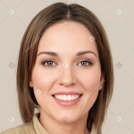 Joyful white young-adult female with medium  brown hair and green eyes