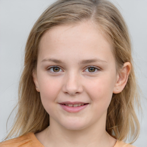 Joyful white child female with medium  brown hair and blue eyes