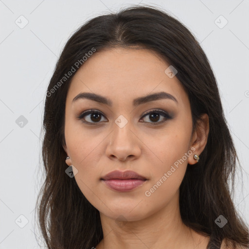 Joyful latino young-adult female with long  brown hair and brown eyes