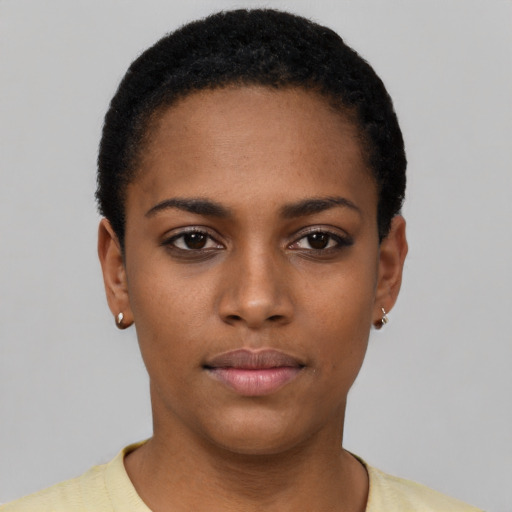 Neutral black young-adult female with short  black hair and brown eyes