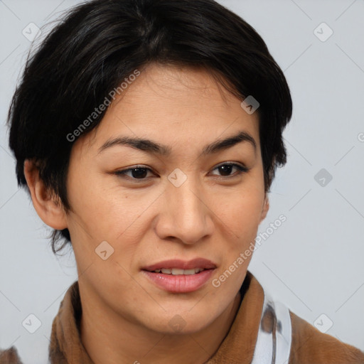 Joyful asian young-adult female with medium  brown hair and brown eyes