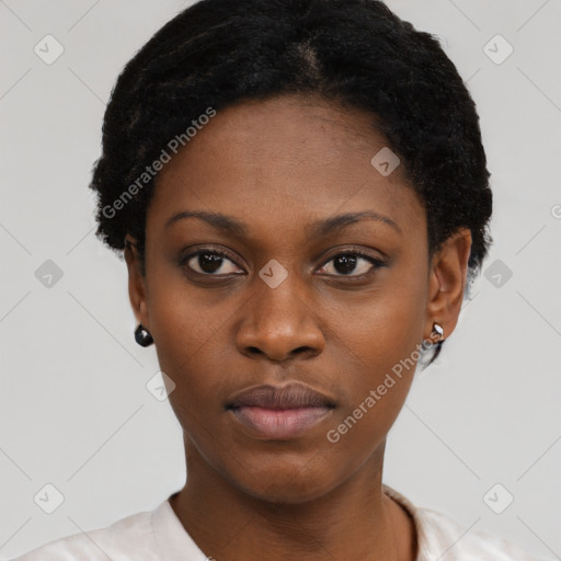 Neutral black young-adult female with short  black hair and brown eyes