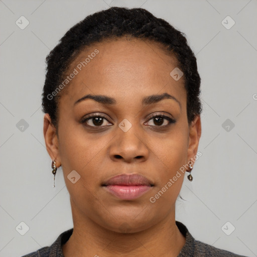 Neutral black young-adult female with short  black hair and brown eyes