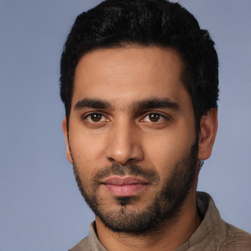 Neutral latino young-adult male with short  black hair and brown eyes
