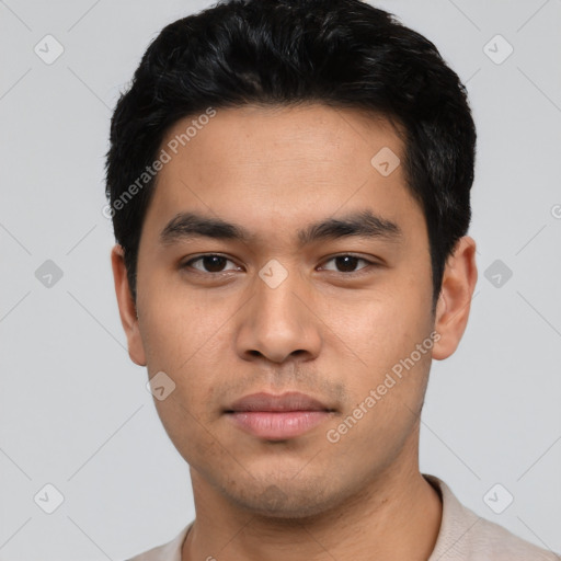 Neutral asian young-adult male with short  black hair and brown eyes