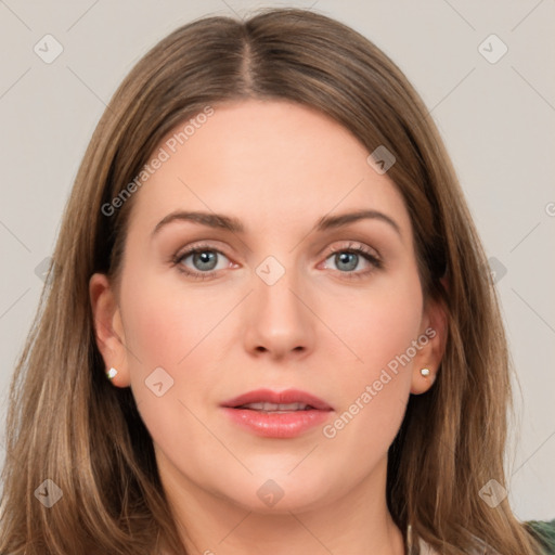 Neutral white young-adult female with long  brown hair and grey eyes