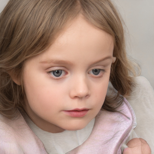 Neutral white child female with medium  brown hair and blue eyes