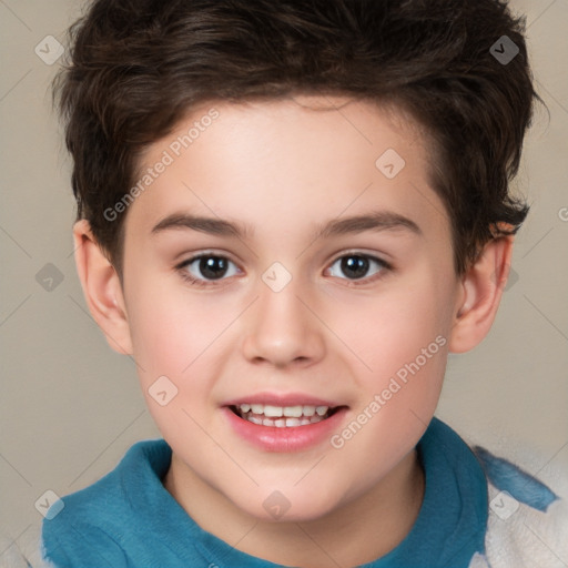 Joyful white child female with short  brown hair and brown eyes