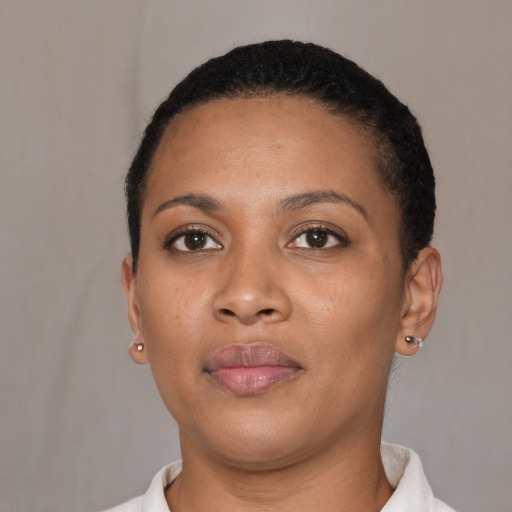 Neutral black young-adult female with short  black hair and brown eyes