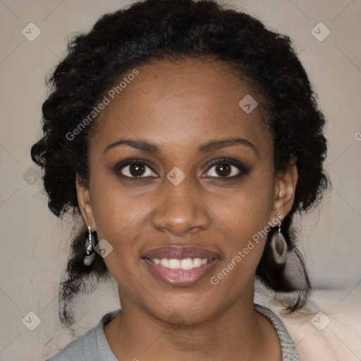 Joyful black young-adult female with medium  black hair and brown eyes