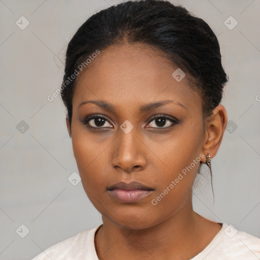 Neutral asian young-adult female with short  black hair and brown eyes