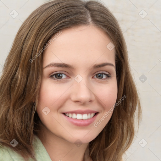 Joyful white young-adult female with medium  brown hair and green eyes