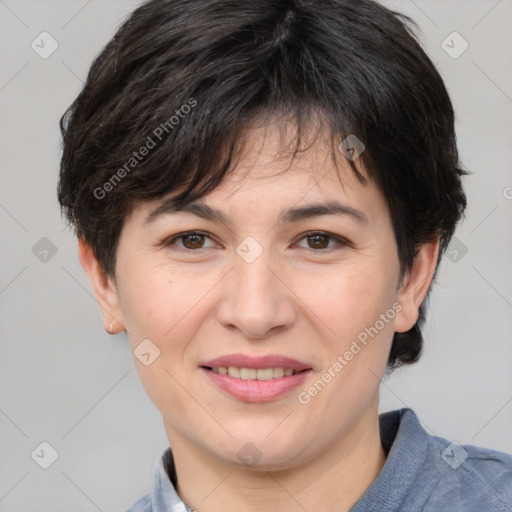 Joyful white adult female with short  brown hair and brown eyes