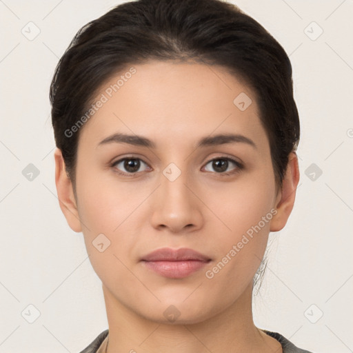 Neutral white young-adult female with short  brown hair and brown eyes