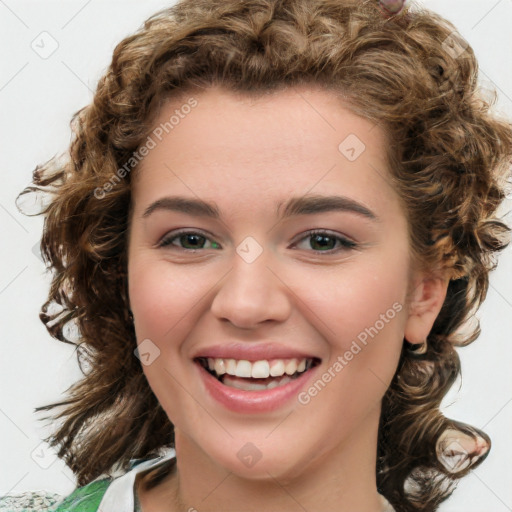 Joyful white young-adult female with medium  brown hair and green eyes